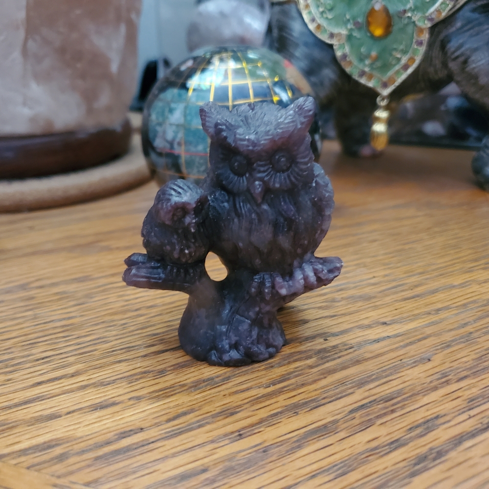 Deep Purple Shimmery Stone Lapidalite Hand Carved Owl And Baby Decor